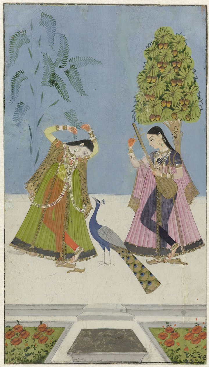 两个女人和一只孔雀，Gujara Ragini 作者 匿名（归因于）