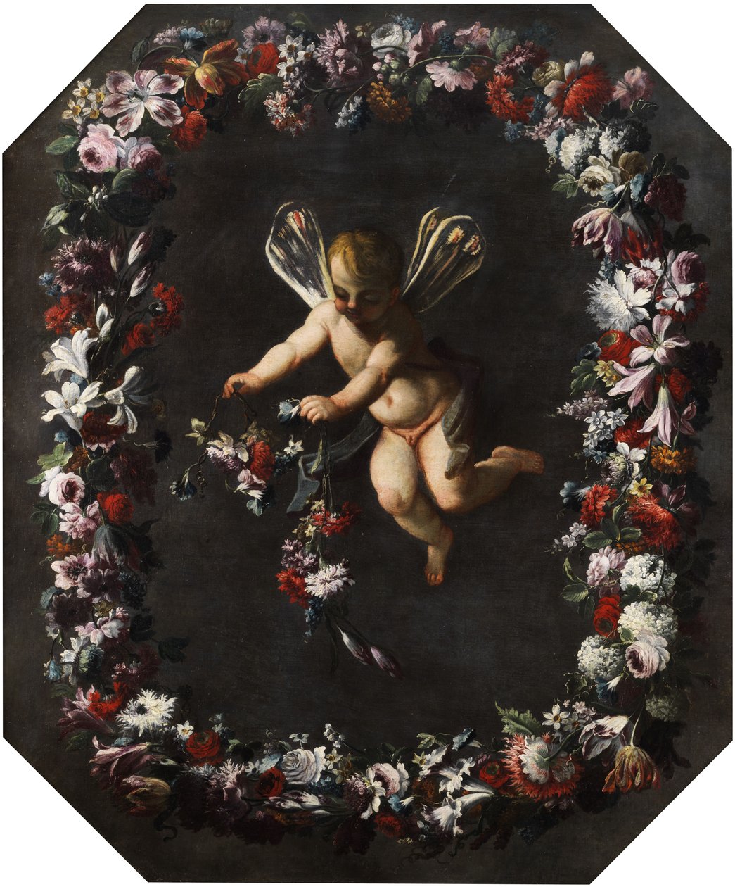Putto与蜻蜓翅膀在花圈。布面油画。 191 x 161厘米 作者 归因于Giovanni Stanchi Dei Fiori