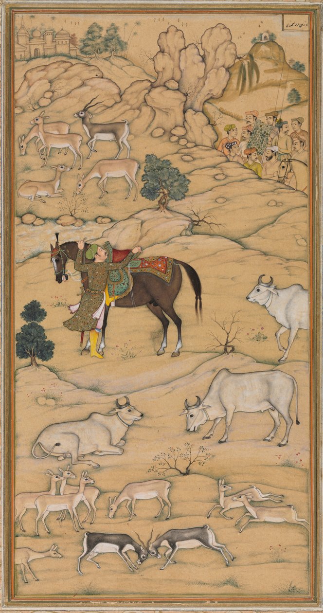 阿克巴骑马；切斯特-比蒂《阿克巴历史》（Akbar Nama）中的一页 作者 归功于 Sur Das Gujarati