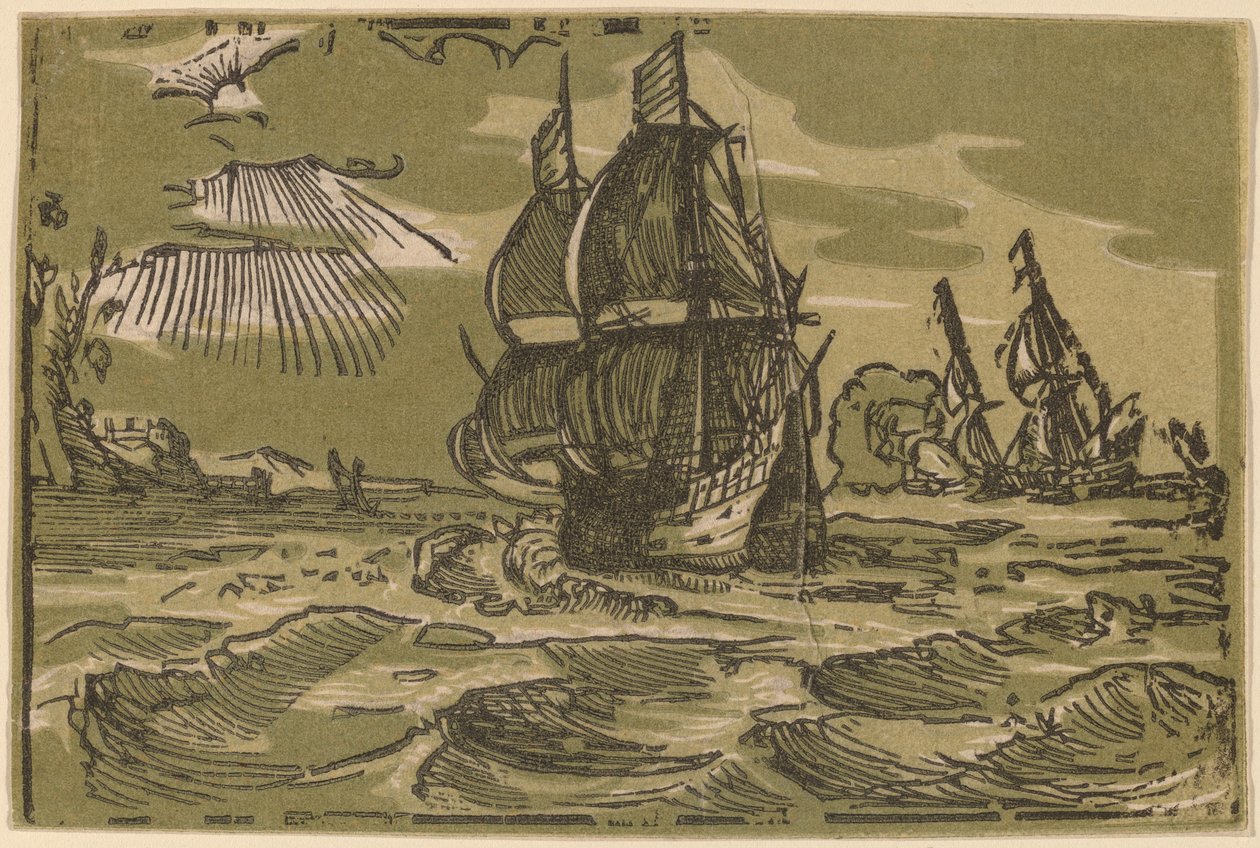 海岸线上的两艘 "三巨头 "船 作者 归功于 Willem Jansz 的工作室。蓝色