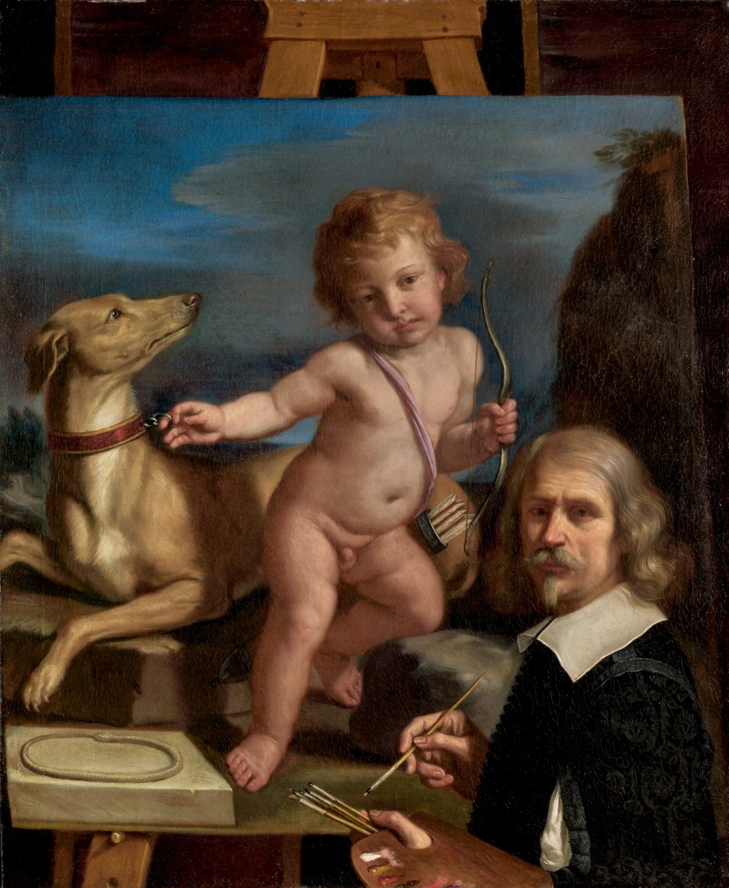 在 "Amor Fedele "画前的自画像 作者 叫 Guercino Giovanni Francesco Barbieri