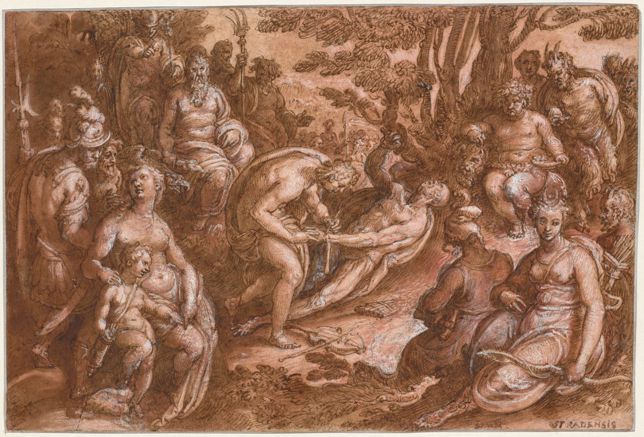 马西亚斯的剥皮》，约1570-1605。 作者 约翰内斯·斯特拉达努斯 Jan van der Straet