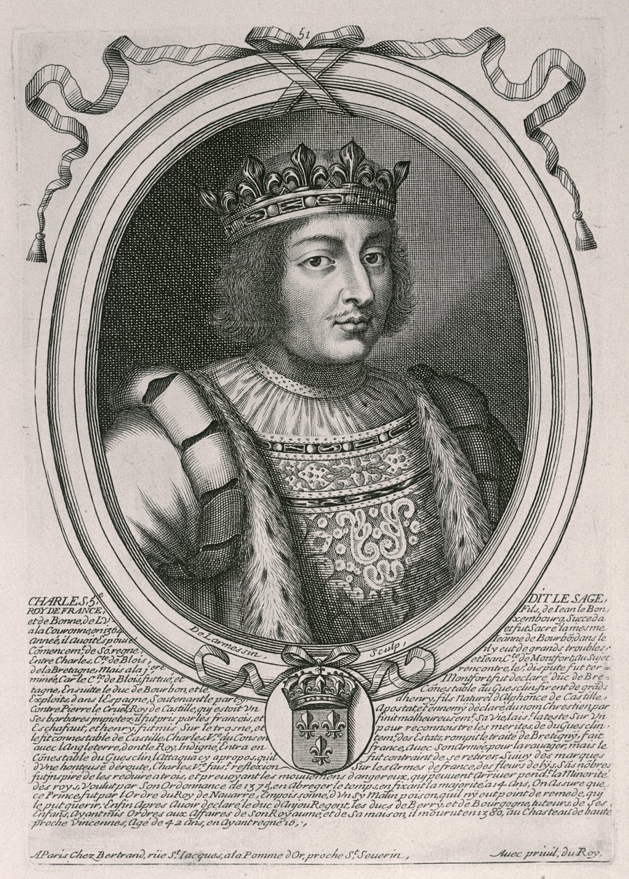 Charles V the Wise（1338-80）法国国王，来自&39;法国所有国王的奥古斯特代表，从法拉蒙到路易十四&39;，巴黎，1679 作者 尼古拉斯二世·拉尔梅辛