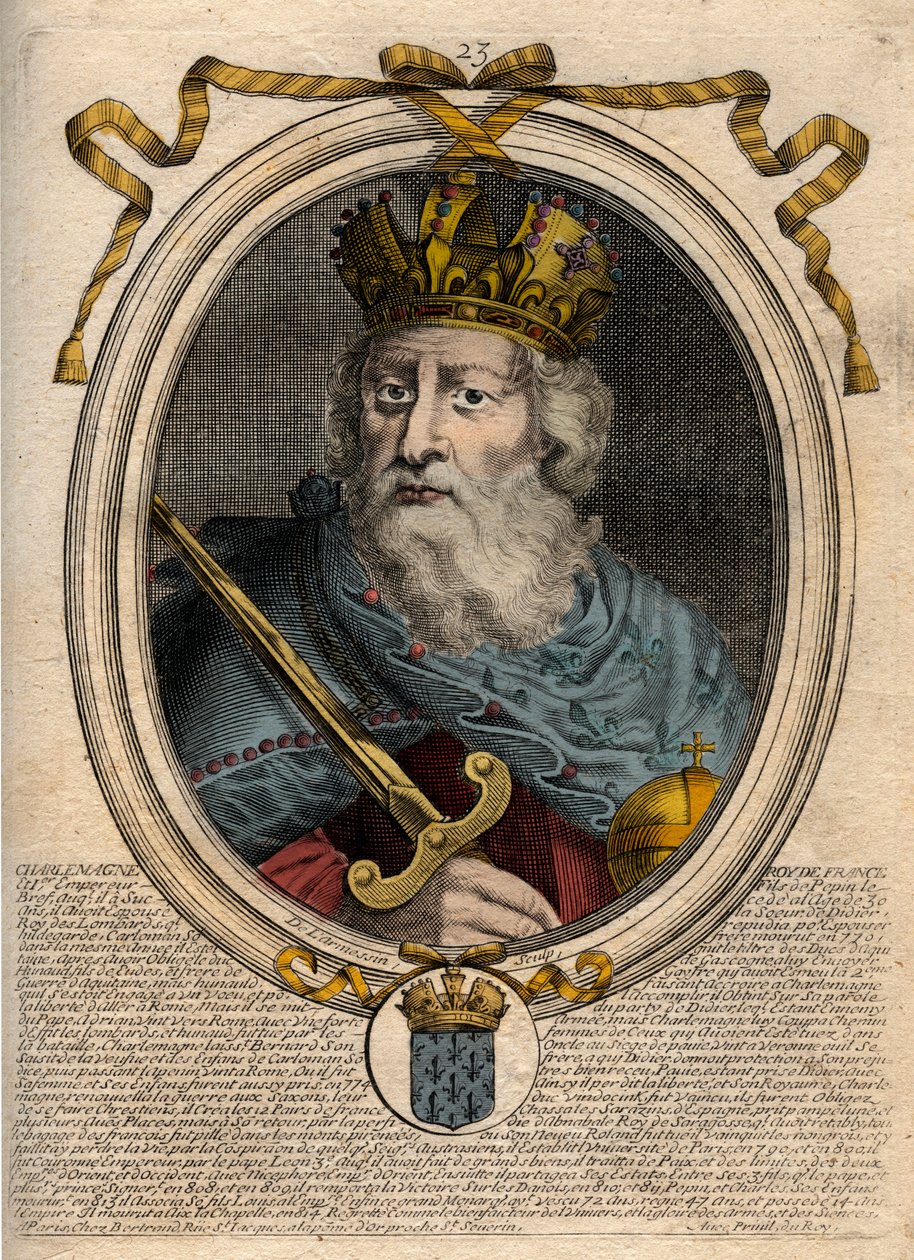 法兰克人国王查理曼大帝（Charles I dit le Grand, Carolus Magnus, 742-814）--查理曼大帝（Carolus Magnus, Charles the Great）（747-814）法兰克人的国王和西方的基督教皇帝--雕刻自《Les Augustes Representations de tous les Ki》。 作者 德拉梅辛