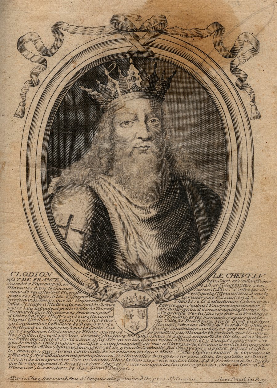 Clodion dit “” Le Chevelu”” (428-448), ancestor of the Merovingians, chief of the Salians Francs - Clodion The Hairy (c.428-47) King of a Tribe of the Salian Franks - engraving from 