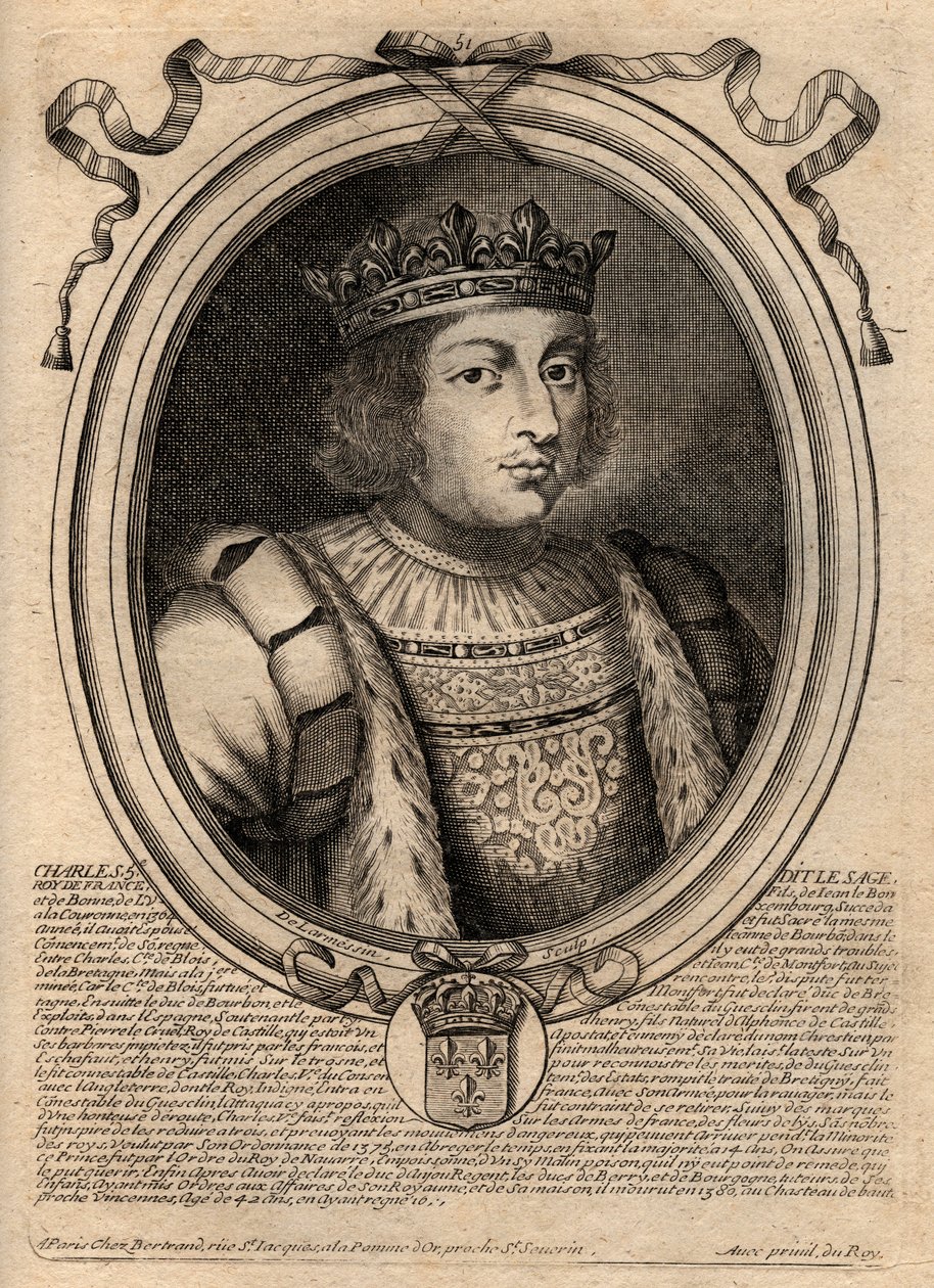 Portrait of Charles V the Sage (1338 - 1380) - Charles V the wise or Charles V the Sage, King of France from the House of Valois - engraving from 