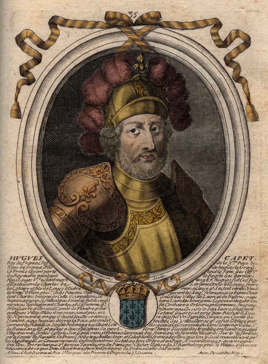 法国公爵Hugues I Capet（约941-996）的肖像--法国国王Hugues I Capet（约941-996）的肖像--来自《从Pharamond到LouisXIV的所有法国国王的Les Augustes Representations》的版画，巴黎 作者 德拉梅辛