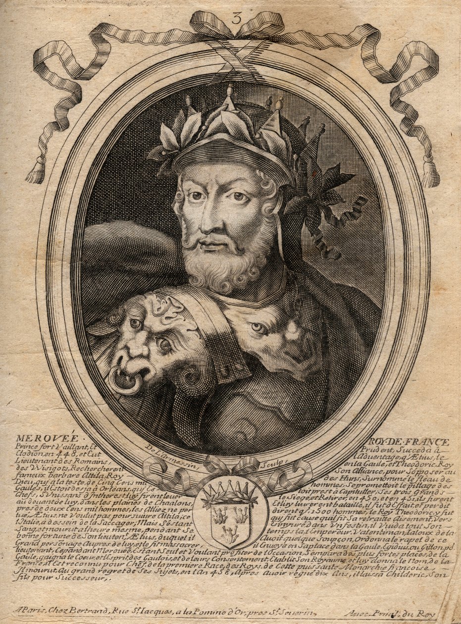 Merovee或Merovech Roi franc (v. 458) 梅罗文尼亚种族的第一任国王的肖像 - Merovech (Meroveus) (d.456) 萨利安法兰克国王的肖像 - 雕刻自《Les Augustes Representations de tous les Kings de France from Pharamond to LouisXIV》。 作者 德拉梅辛