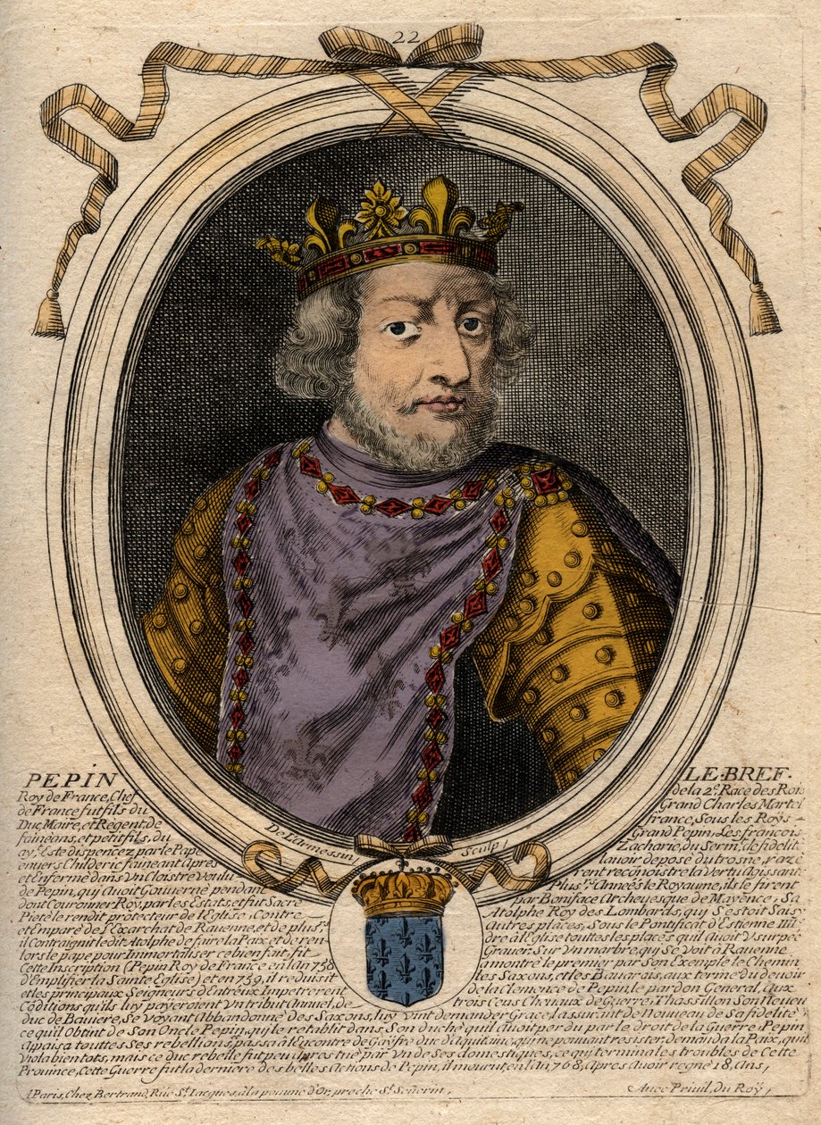 Pepin III dit Pepin le Brief (714-768)法国国王的肖像 - Pepin III (714-768) (Pepin the Short) 法兰克人的国王 - 雕刻自《Les Augustes Representations de tous les Kings de France from Pharamond to LouisXIV》，巴黎 作者 德拉梅辛