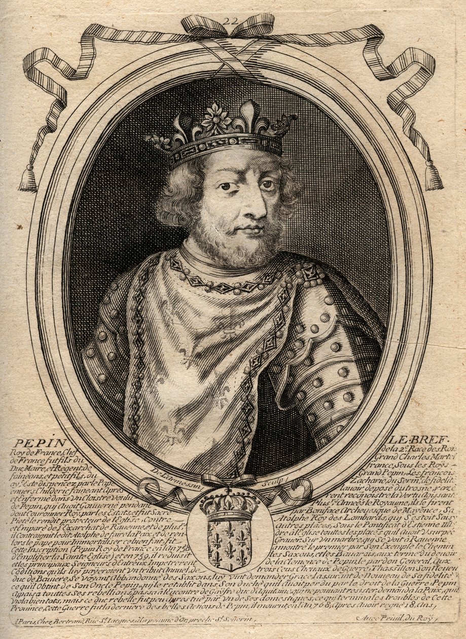 Pepin III dit Pepin le Brief (714-768)法国国王的肖像--Pepin III (714-68) (Pepin the Short) 法兰克国王--来自《Les Augustes Representations de tous les Kings de France from Pharamond to LouisXIV》的雕版，巴黎 作者 德拉梅辛