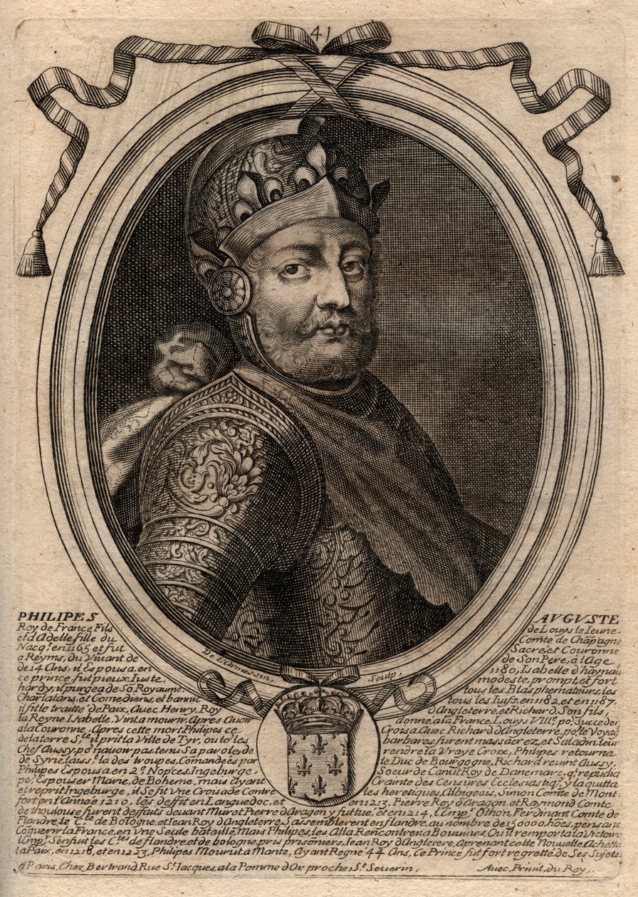 腓力二世（Philip II dit Philippe Auguste，1165-1223）--法国国王腓力二世（Philip Augustus II，1165-1223）的肖像--来自《从法拉蒙到路易十四的所有法国国王的Augustes表现》的雕刻，巴黎 作者 德拉梅辛
