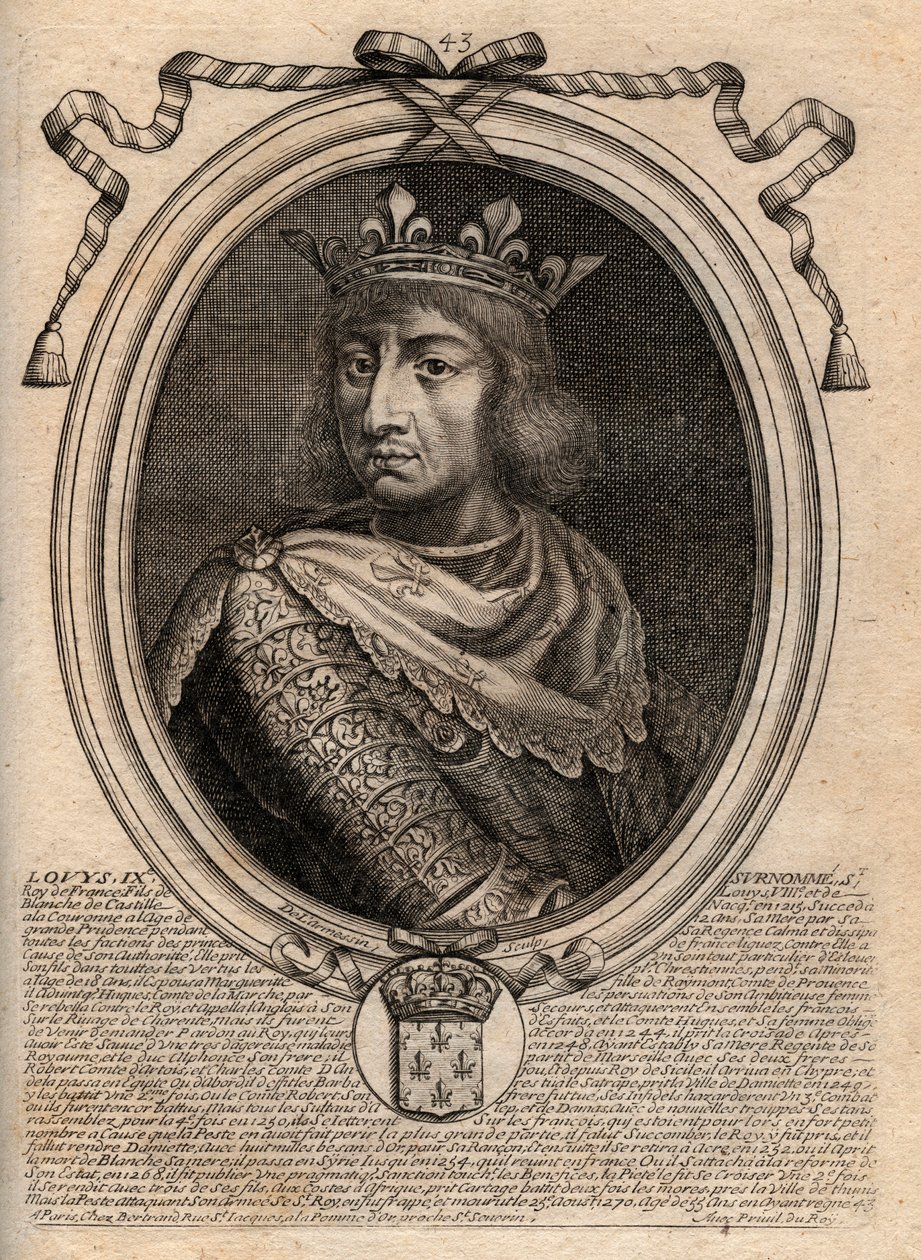 圣路易斯（Saint-Louis, Louis IX (1214-1270)）肖像--法国国王圣路易斯九世（1214-70）--雕刻自《Les Augustes Representations of all the Kings of France from Pharamond to LouisXIV》，巴黎 作者 德拉梅辛