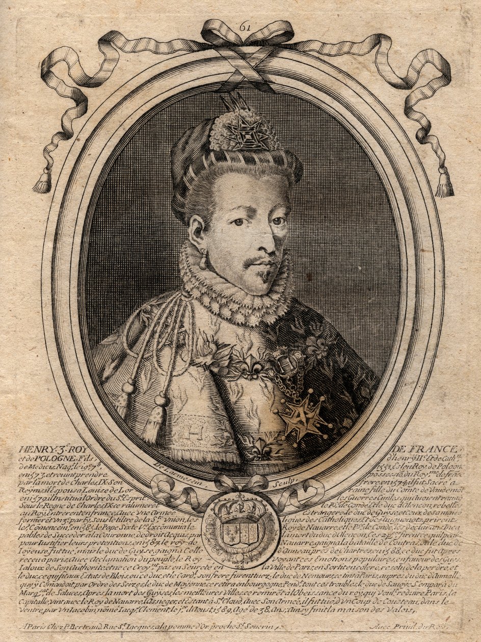 法国国王亨利三世（1551-1589）的肖像--法国国王亨利三世（1551-89）的肖像--雕刻自《从法拉蒙到路易十四的法国国王的奥古斯特表现》，巴黎 作者 德拉梅辛