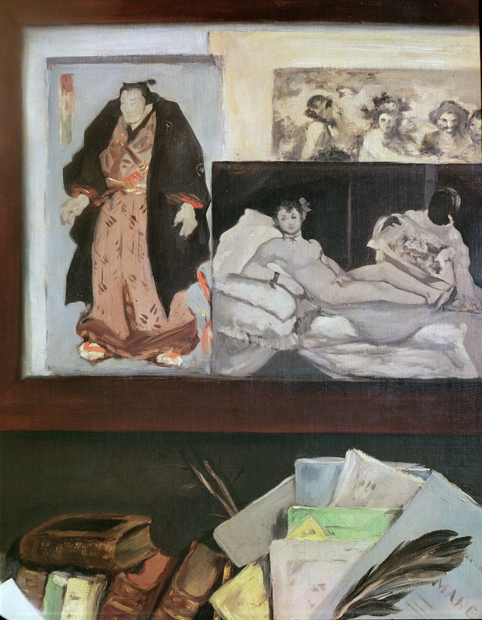 Emile Zola的肖像（1840-1902）（描绘日本版画的右上角细节，&39;奥林匹亚&39;和Velasquez&39;&39;Bacchus&39;），1868年 作者 爱德华·马奈