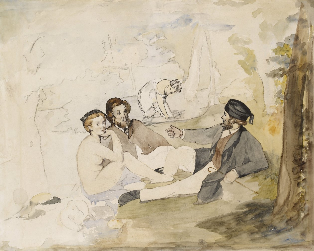 研究&39;Dejeuner sur L&39;Herbe&39;，c.1863（笔，铅笔和纸上的wc） 作者 爱德华·马奈
