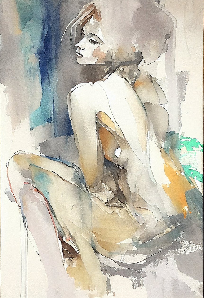 美丽的女人坐着，水彩画，壁画按需印刷 作者 法赫塔利·阿卜杜勒拉希姆