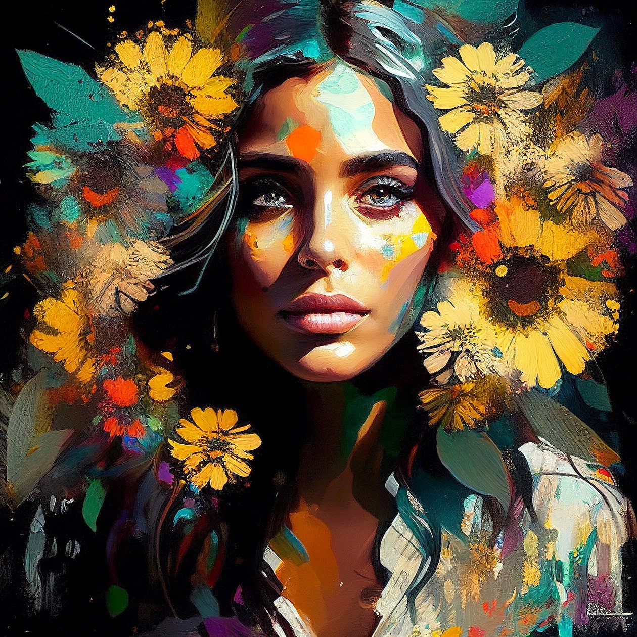 自然之美，被向日葵包围的墨西哥女孩，壁画打印 作者 法赫塔利·阿卜杜勒拉希姆