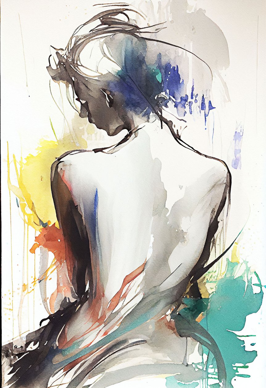水彩画描绘了一个背对着坐着的女人 作者 法赫塔利·阿卜杜勒拉希姆