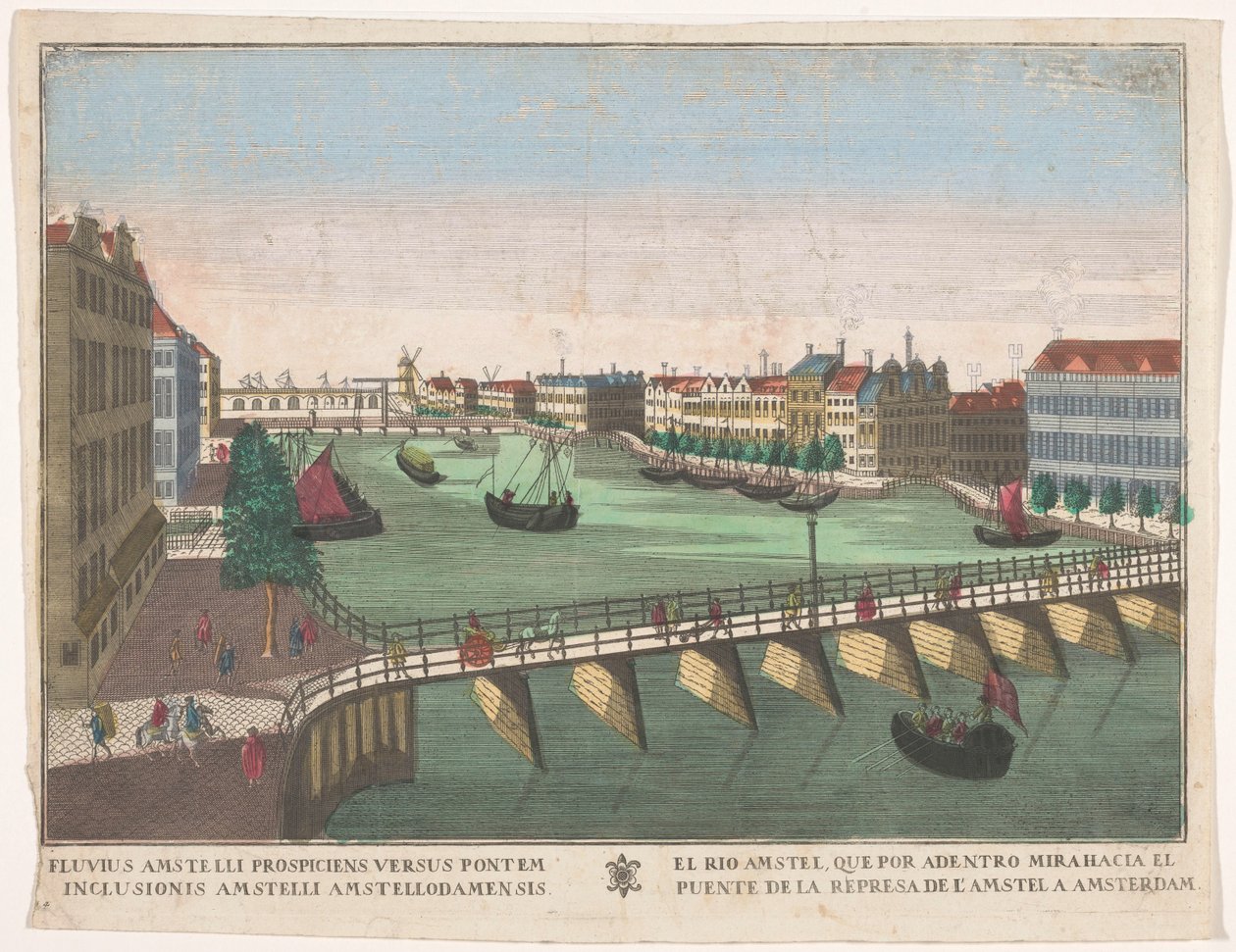 阿姆斯特丹 Blauwbrug 和 Hogesluis 之间的 Binnen-Amstel 景观
El rio Amstel, que por adentro mirahacia el puente de la represa de l