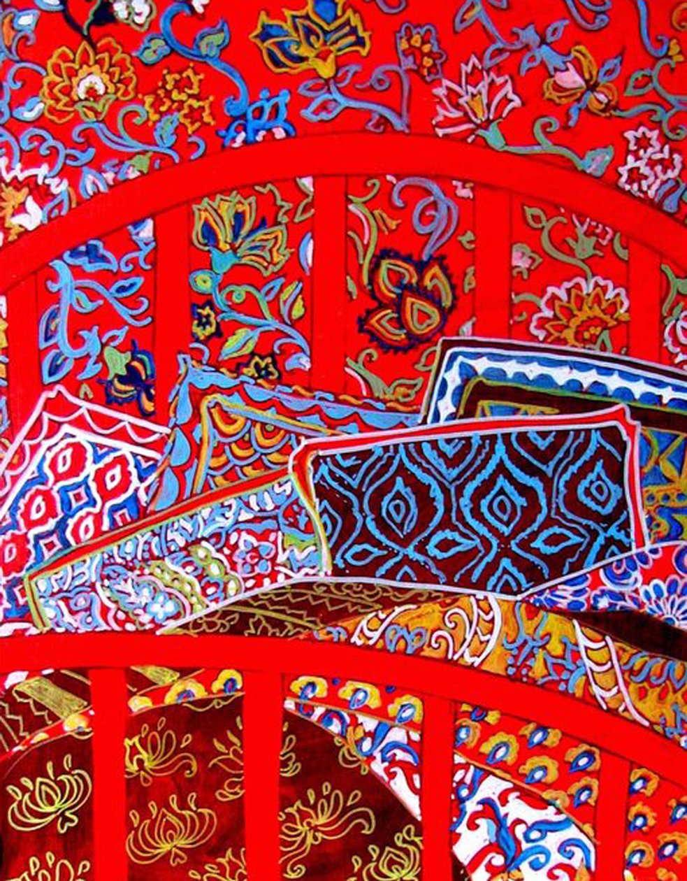红色的睡前时光，2015（用丙烯、油彩绘制） 作者 琳达·亚瑟（Linda Arthur）