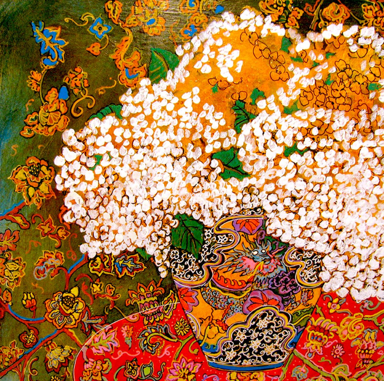 中国花瓶中的花朵，2016（混合、丙烯、墨水、油彩） 作者 琳达·亚瑟（Linda Arthur）