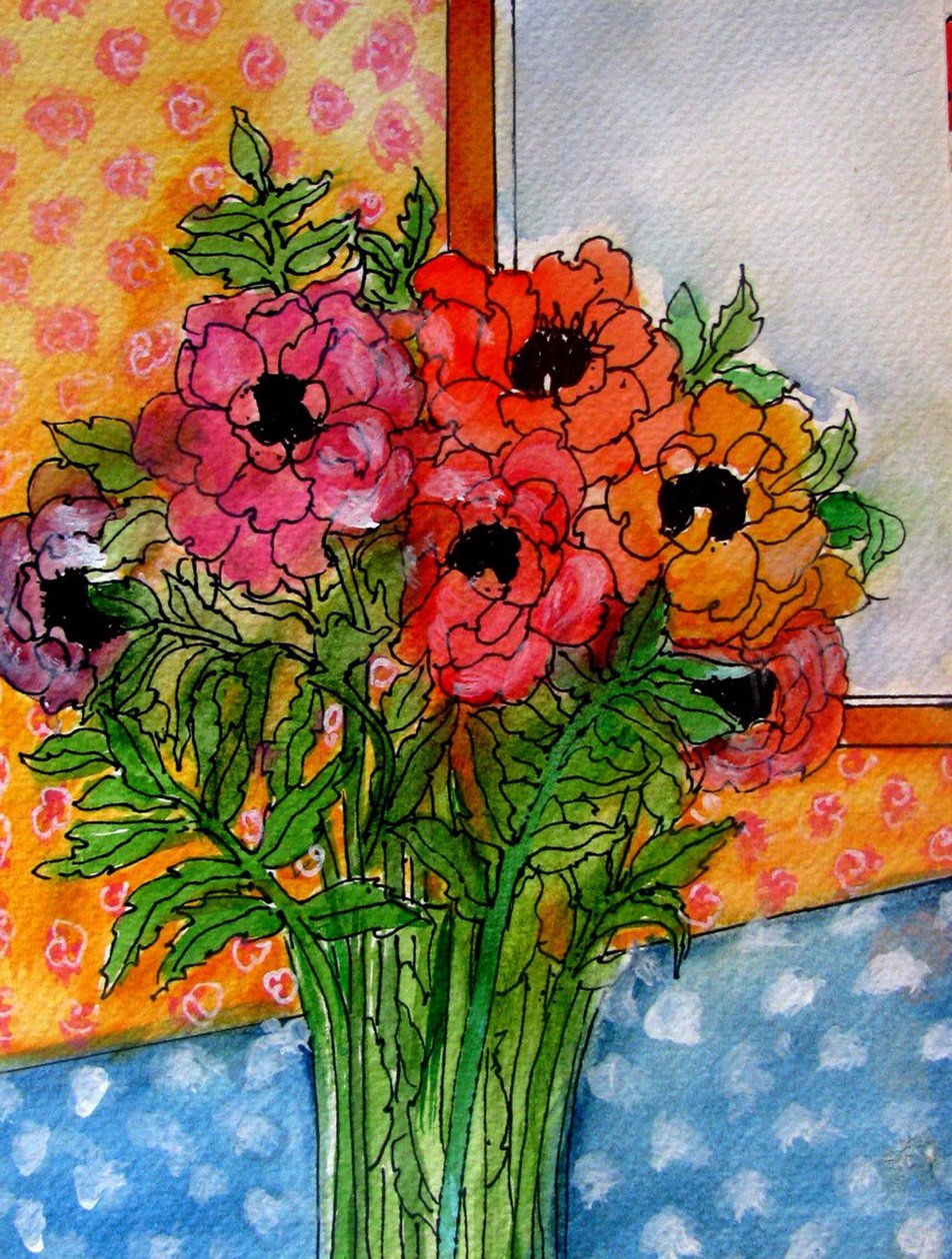花瓶中的花朵，2014 年（水彩、水墨） 作者 琳达·亚瑟（Linda Arthur）