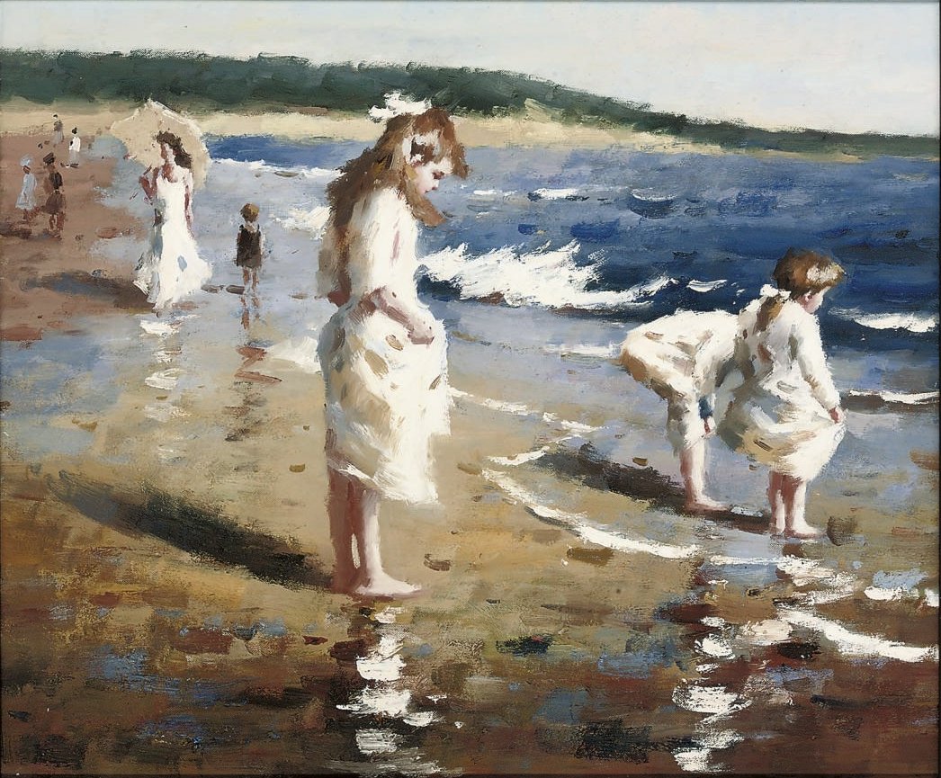 在海滩上享受夏日的情景：海滩上的夏日 作者 华金·索罗拉