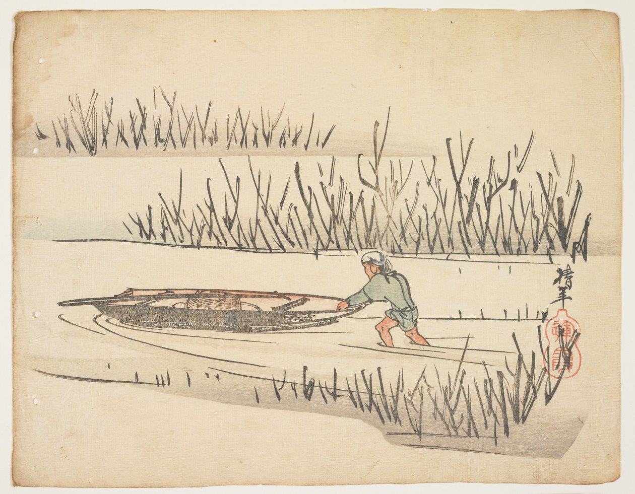 在沼泽中推船（彩色木版画） 作者 西尼