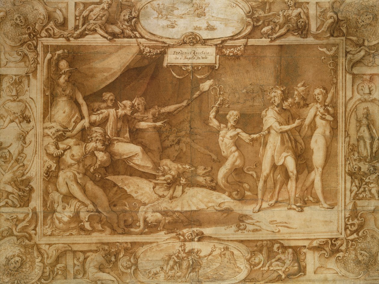 Apelles的诽谤，1572年（笔和棕色墨水在纸上洗） 作者 Federico Zuccari或Zuccaro