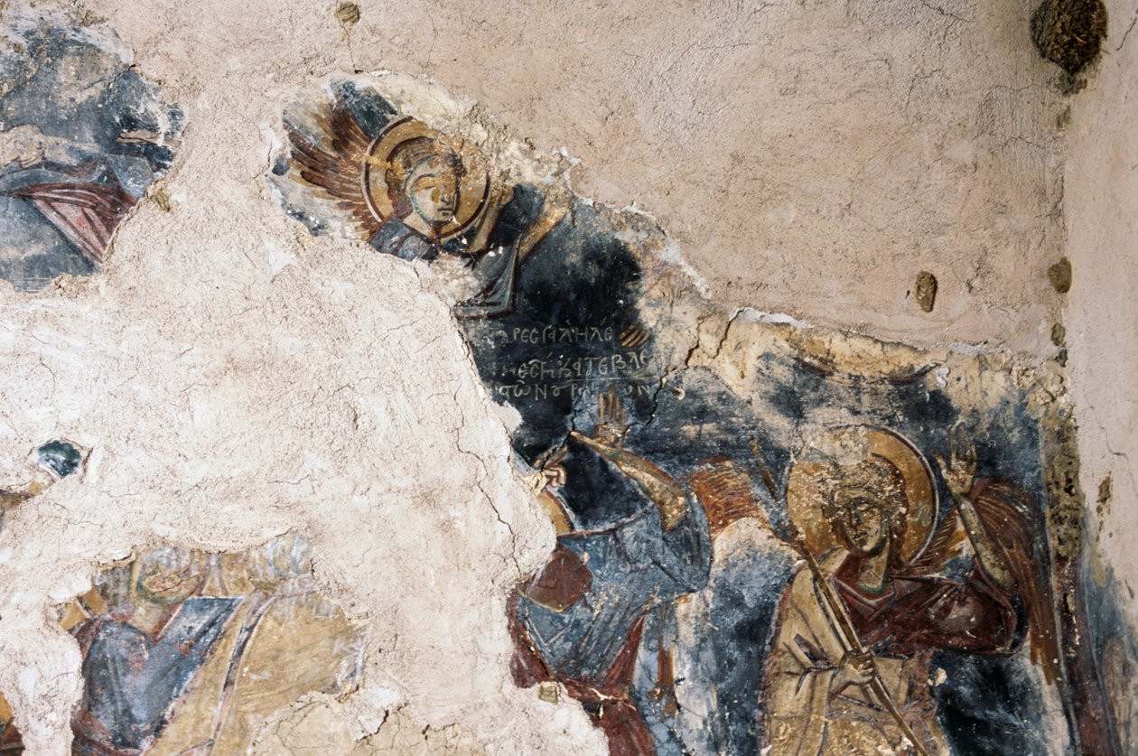 天使和圣人，希腊克里特岛阿波杜鲁Agios Georgios Apodoulou教堂壁画的细节（照片）。 作者 或 Magno Cesare Magni