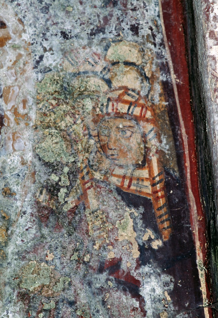 希腊克里特岛Voutas的Metamorphosis Sotiros教堂的受损壁画，带头饰的男性形象（图片）。 作者 或 Magno Cesare Magni