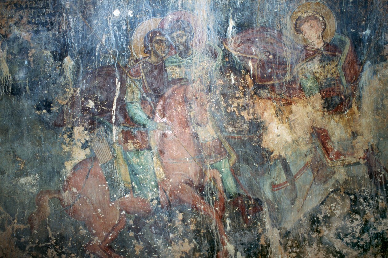 马背上的圣徒，希腊克里特岛凯法利Agios Athanasios拜占庭教堂的壁画(照片) 作者 或 Magno Cesare Magni
