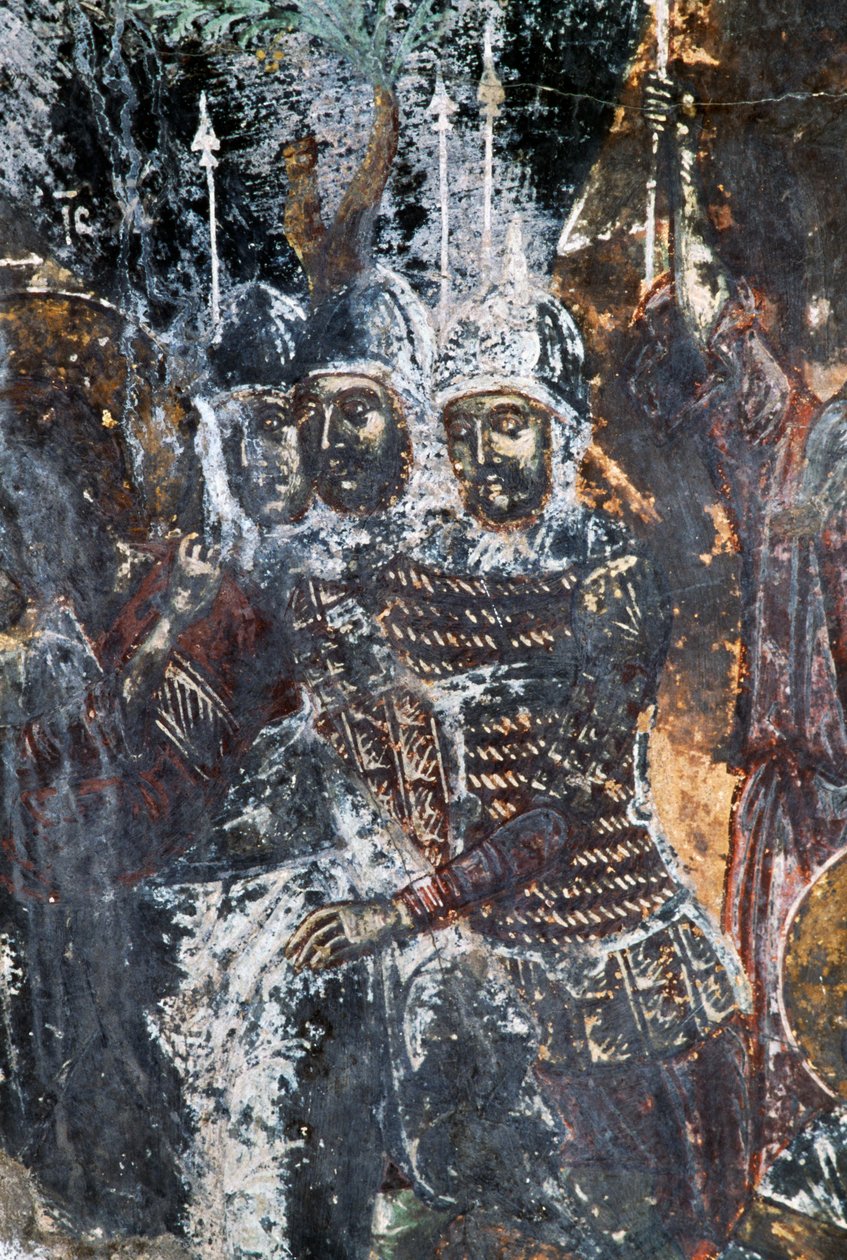希腊克里特岛Vavouledo的Agios Vasileios教堂天花板上的士兵、受损壁画(照片) 作者 或 Magno Cesare Magni