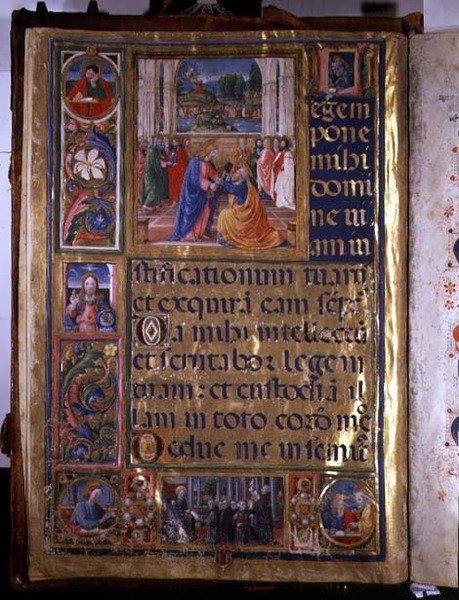 Ms 542 f.3v 描绘基督将钥匙交给圣彼得的页面，来自佛罗伦萨Badia Fiorentine教堂的Don Appiano撰写的诗篇。 作者 或di Giovanni Monte del Fora