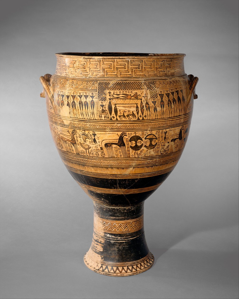 希腊阿提卡的Krater，几何时期（赤土）。 作者 画家赫希菲尔德