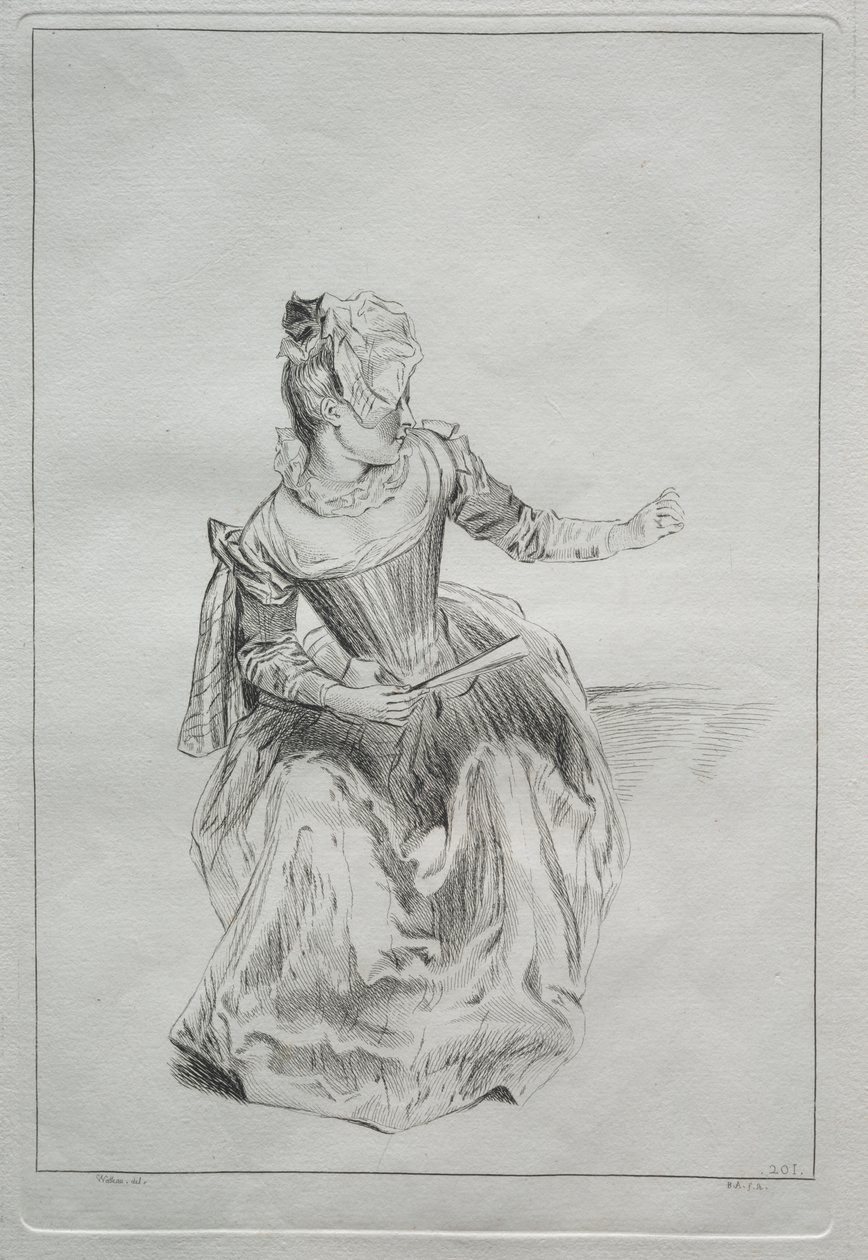 手持扇子的女子 作者 可能由 Benoit II Audran