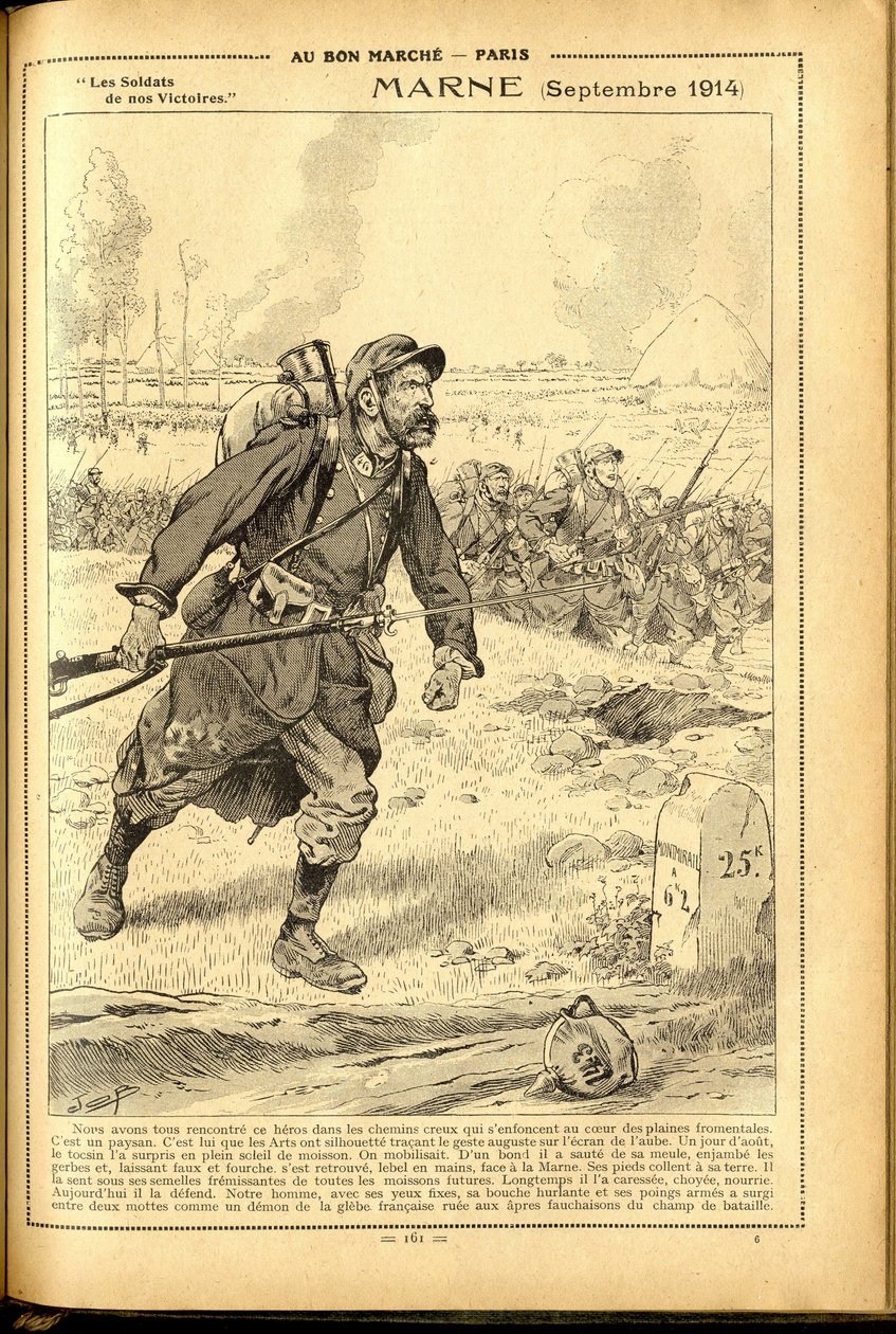 Agenda Buvard du Bon Marche 1917年--约伯的插图（雅克-玛丽（Jacques-Marie）加斯东-昂弗莱和布雷维尔）（1858-1931）。马恩河1914年9月--14-18年战争, 马恩河, 大战, 马恩河之战--士兵们 作者 Onfray de Breville Jacques Job的化名