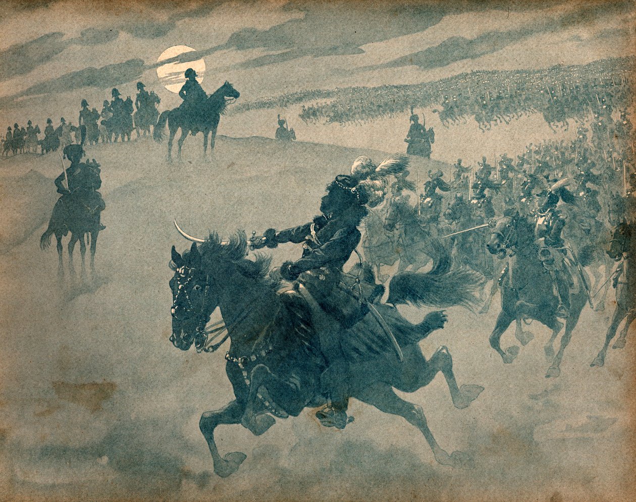 约阿希姆·穆拉特 (1767-1815) 与他的骑兵在拿破仑一世 (1769-1821) 前经过的寓言。 Jacques Marie Gaston Onfray de Breville dit Job (1858-1931) 的雕刻 作者 Onfray de Breville Jacques Job的化名