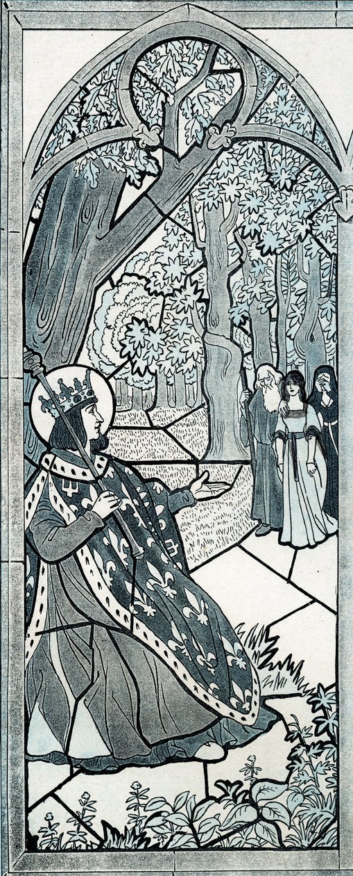 有谁留在这里？ 路易九世（Louis IX dit Saint Louis，1214-1270）的话，他在橡树脚下主持正义，鼓励民众说出他们的不满。约伯（Jacques Marie Gaston Onfray and Breville）的插图（Jacques-Marie）（1858-1931年 作者 Onfray de Breville Jacques Job的化名