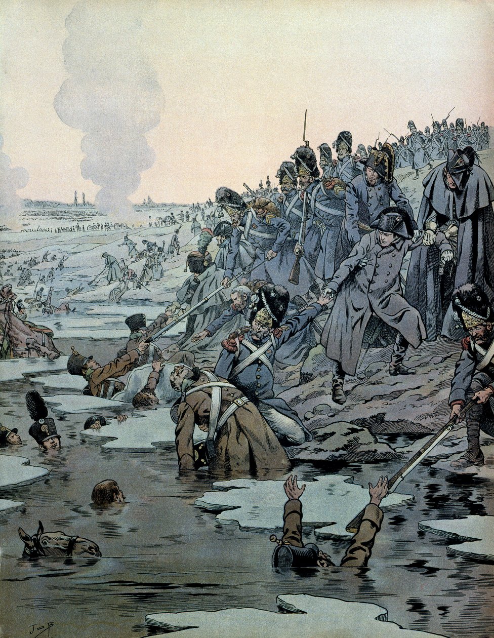 奥地利战役（1805）：奥斯特里茨战役后，拿破仑一世（1769-1821）和他的士兵于12月2日从冰湖中拯救了俄罗斯人 作者 Onfray de Breville Jacques Job的化名