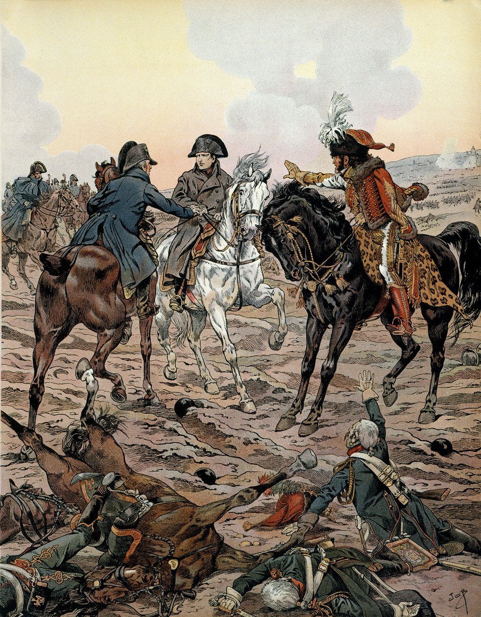 奥地利战役（1805 年）：在乌尔姆战役（1805 年 10 月 15 日至 17 日之间）中，路易斯·亚历山大（Louis-Alexandre）Berthier（1753-1815）和 Joachim Murat（1767-1815）要求皇帝离开 为他的安全而战——在《拿破仑》中 作者 Onfray de Breville Jacques Job的化名