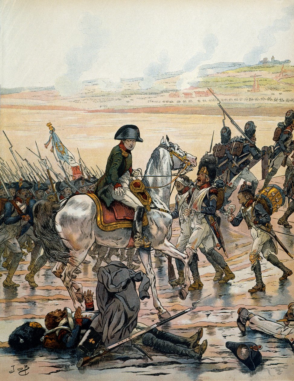 奥地利战役（1805 年）：在埃尔欣根，拿破仑一世（1769-1821 年）在战场上发现了一名埃及军队的掷弹兵，他仰卧着，暴露在倾泻而下的雨水中，并继续向他的 同志们“”前进 作者 Onfray de Breville Jacques Job的化名
