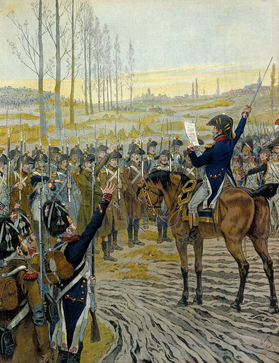 奥地利战役（1805 年）：1805 年 12 月 2 日奥斯特里茨战役前，拿破仑一世皇帝（1769-1821 年）向军队宣布。 Jacques Marie Gaston Onfray de Breville 的插图 作者 Onfray de Breville Jacques Job的化名