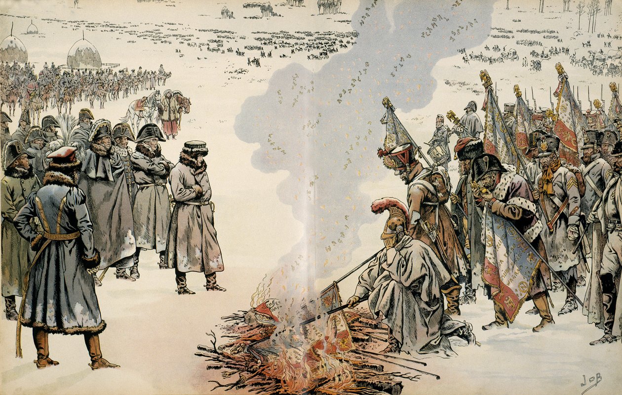 俄罗斯战役（1812 年）：在俄罗斯撤退期间，拿破仑一世（1769-1821 年）下令焚烧旗帜和鹰，以防止敌人占领。 在乔治·蒙托盖尔的《拿破仑》中。 Jacques Marie Gaston Onfray 的插图 作者 Onfray de Breville Jacques Job的化名