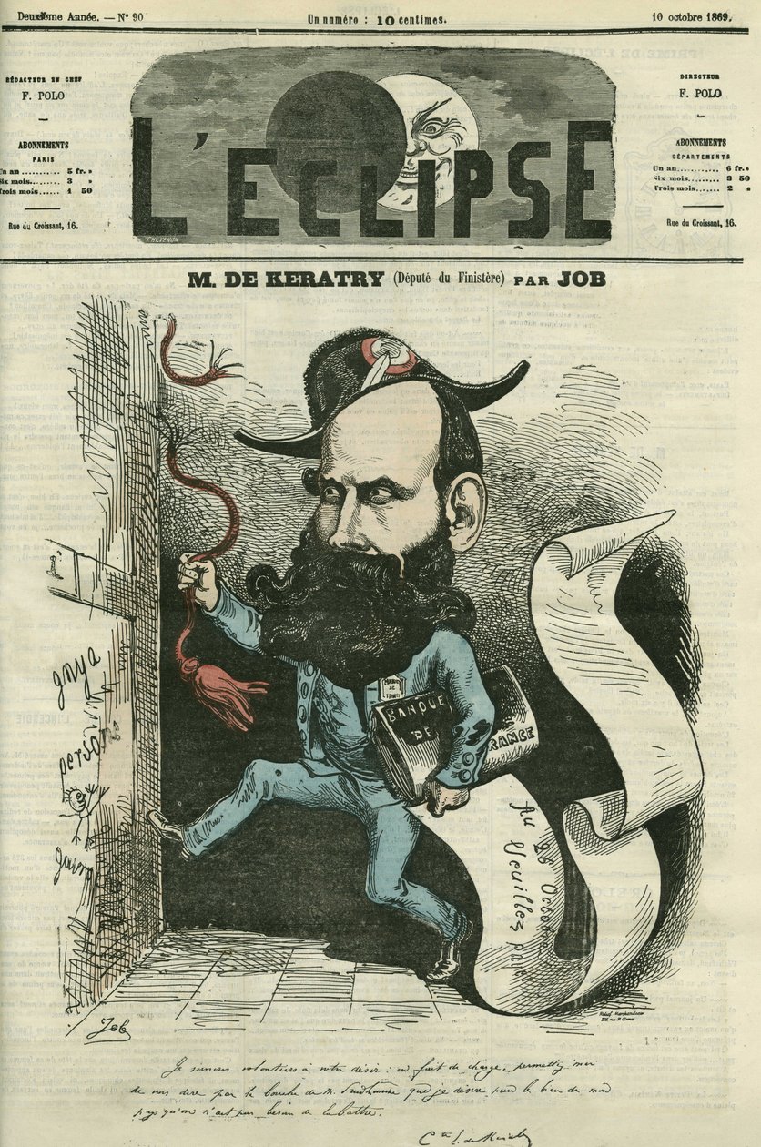 法国政治家Emile Keratry（1832-1904）的漫画。10月10日，约伯的 "日食 "中的封面 作者 Onfray de Breville Jacques Job的化名
