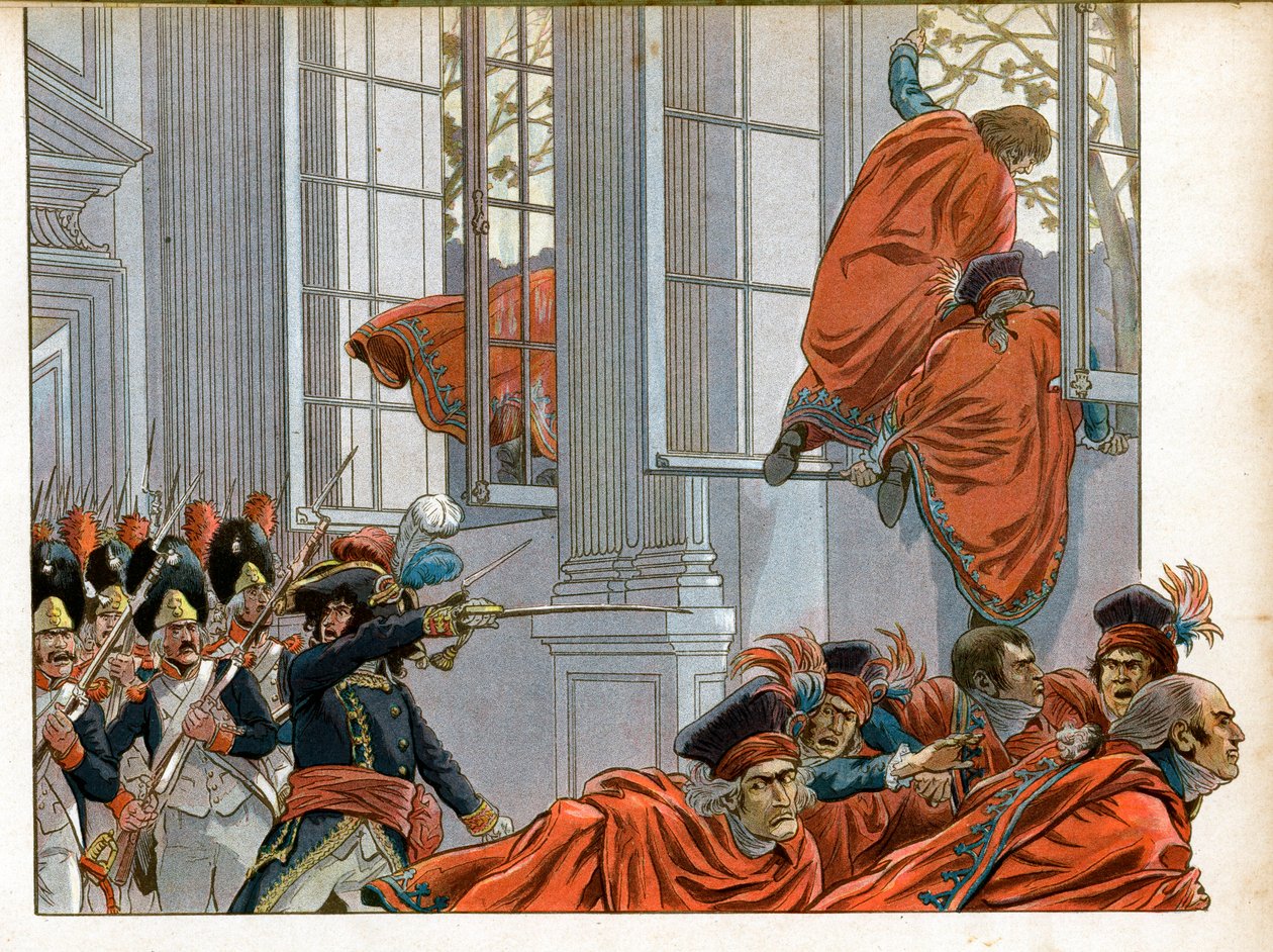 领事馆：约阿希姆·穆拉特 (Joachim Murat)（1767-1815 年）在 18 月的政变期间，带着 50 人进入五分钱委员会（Five Cents）（500 人的房间）的会议厅，以驱逐参议员（9/11） /1799) 结束了执行委员会并诞生了 作者 Onfray de Breville Jacques Job的化名