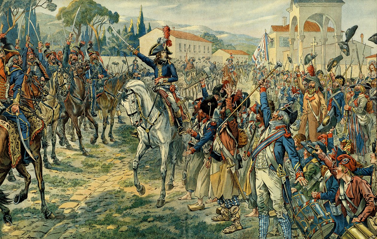 第一次意大利战役（1796-1797）：拿破仑一世（1769-1821）于 1796 年 3 月 27 日在尼斯检阅了意大利军队。插图由 Jacques Marie Gaston Onfray de Breville dit JOB（1858-1931）提供。 私人收藏 作者 Onfray de Breville Jacques Job的化名