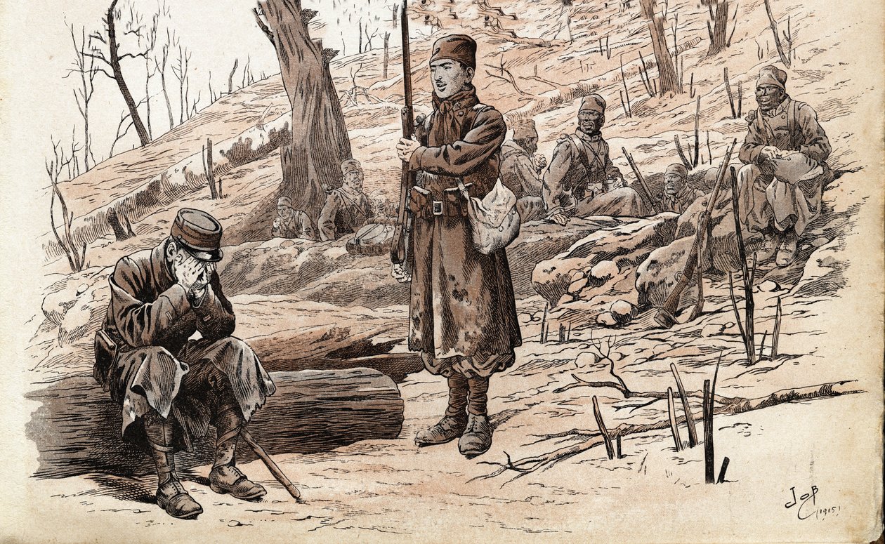 1914-1918年第一次世界大战。法国军队的步兵士兵和塞内加尔提拉雷尔人。1915年为 "Les grands mots historiques du pays de France "一书绘制的约伯（Jacques Marie Gaston Onfray and Breville）（Jacques-Marie）（1858-1931）插图。牧师 作者 Onfray de Breville Jacques Job的化名