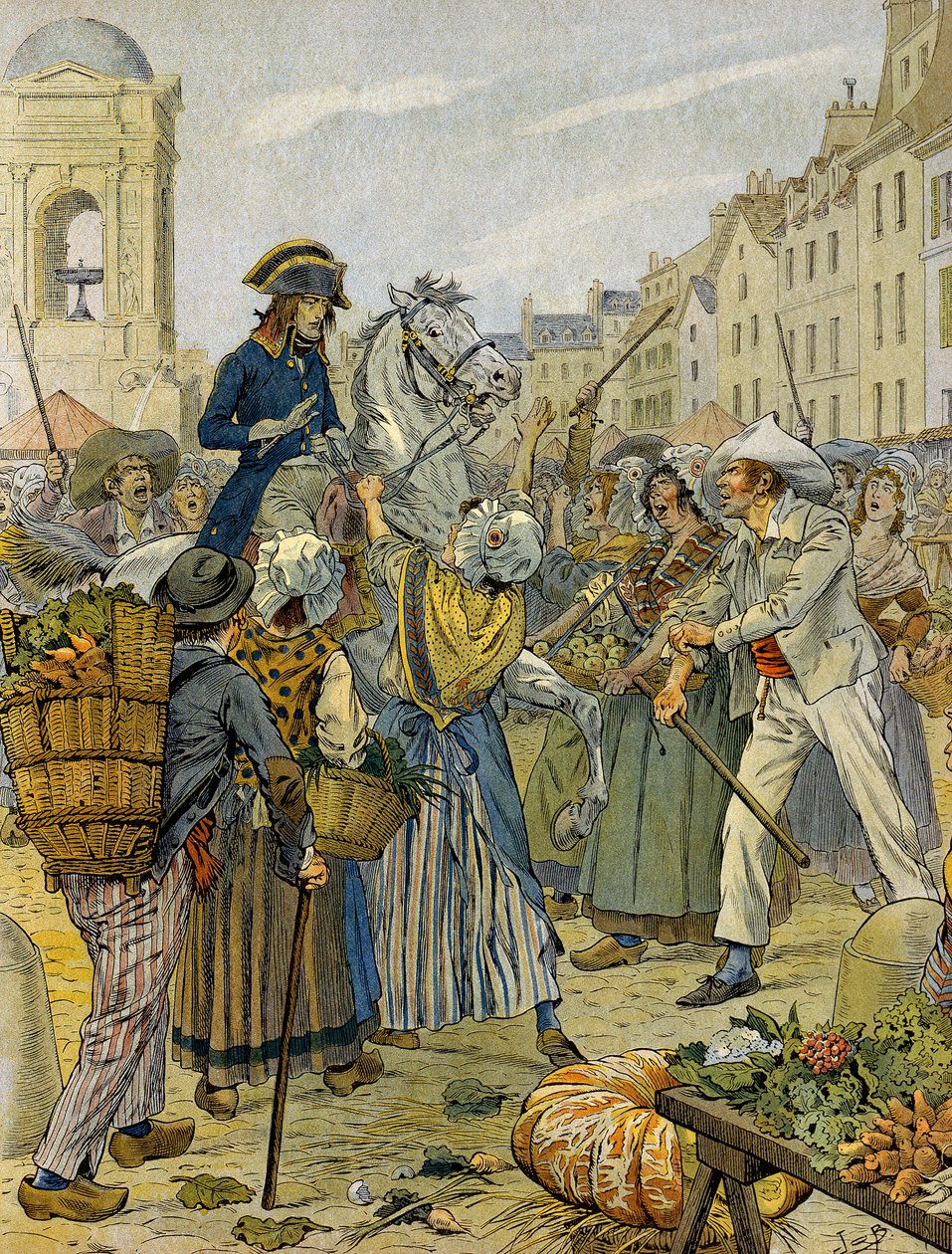 1789 年法国大革命：拿破仑一世 (1769-1821) 在 Les Halles 站在革命民众一边，不穿内裤（不穿内裤）。 Jacques Marie Gaston Onfray de Breville dit JOB (1858-1931) 的插图。 私人收藏 作者 Onfray de Breville Jacques Job的化名