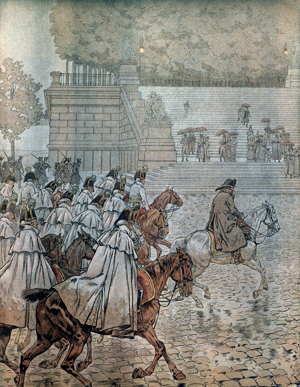 1813年的德国战役。拿破仑一世-波拿巴（1769-1821）和他的总参谋部（参谋部）在8月26日和27日的战斗中获胜后返回德累斯顿。在乔治-蒙托盖尔的《拿破仑》中。插图：Jacques Marie Gaston Onfray de Breville dit J 作者 Onfray de Breville Jacques Job的化名